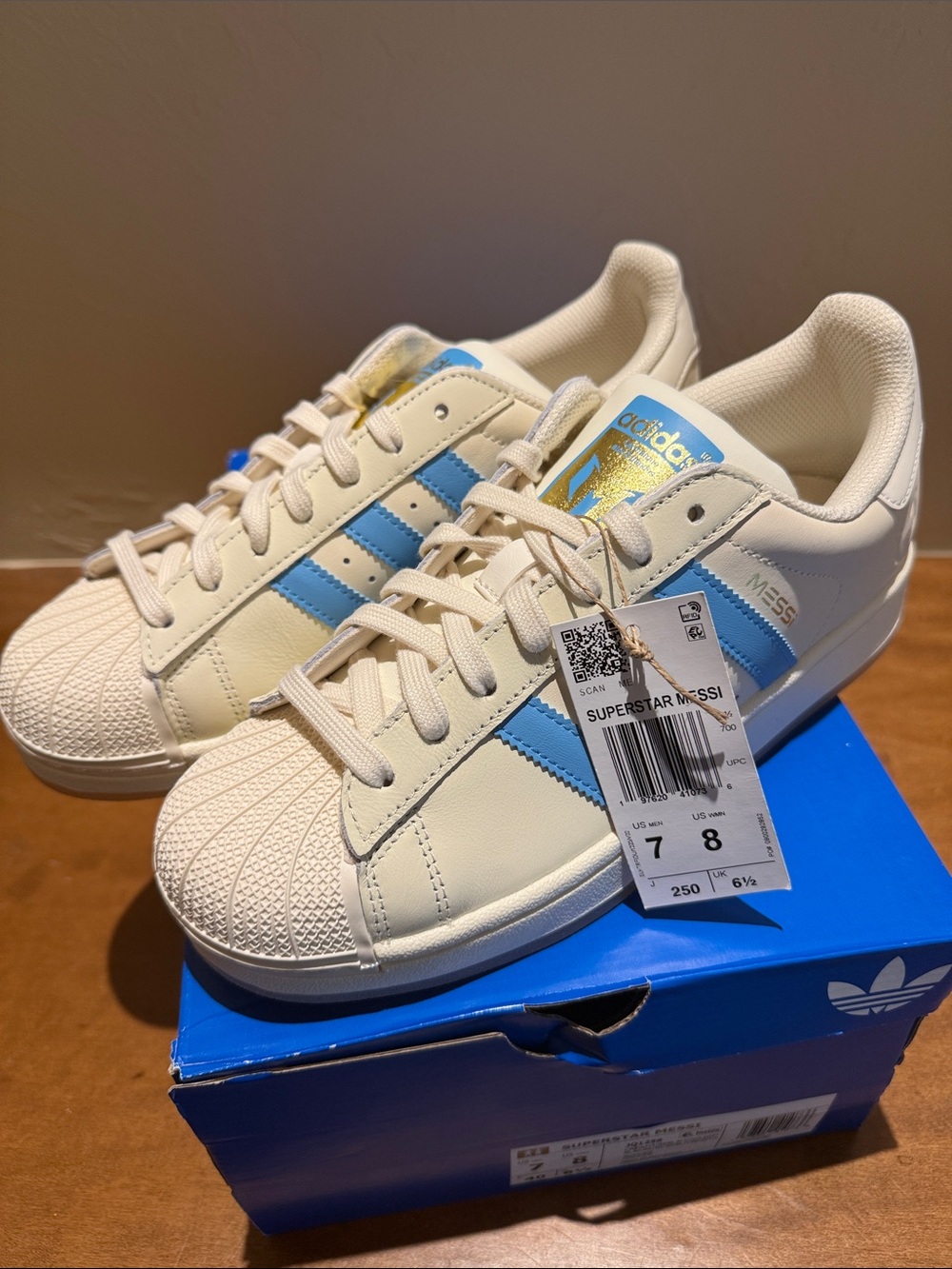 adidas superstar Messi Cream Sneakers with Light Blue Stripes